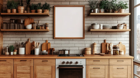 Charming Kitchen Interior with Vintage Decor and Modern Appliances for Cozy Home Cookingの素材