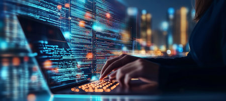 Strategist reviews coding on a laptop at night, highlighting data science and engineering skills.の素材