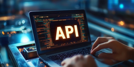 Creative Innovation in Modern Workspace Featuring a Laptop, Coding, and Developer s Hands at Workの素材