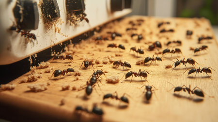 The Endless March A Macro View of Ants Invading a Kitchen Countertop Covered in Crumbs and Debrisの素材