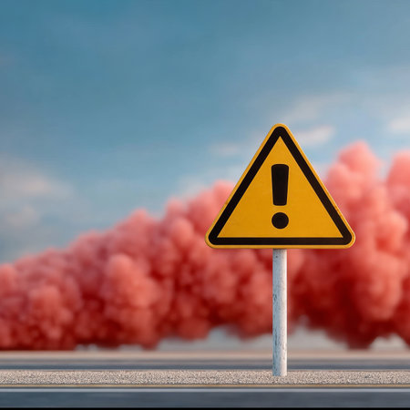 Severe Weather Alert Tornado Warning Sign with Dramatic Pink Clouds in the Background, Daring Skyの素材