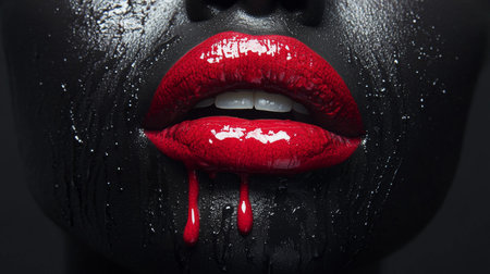 A Striking Close-Up of a Black Woman s Lips with Red Drips, Showcasing Modern Artistic Expressionの素材