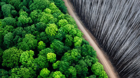 Contrasting Nature A Burnt Forest Next to a Lush Evergreen Forest Illustrating Ecological Changeの素材