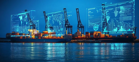 High Tech Shipping Vessels in Motion at Deep Port Zone, Connecting Global Trade Over Waterwaysの素材
