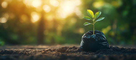 Resilience Sprout A New Green Plant Emerging from a Black Bag Surrounded by Nature s Bokeh Lightsの素材