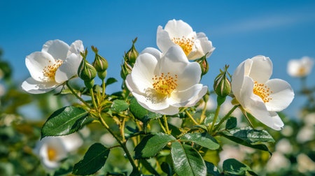Stunning Close-Up of White Roses with Gold Centers Surrounded by Green Buds and Sunlightの素材