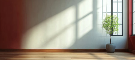Minimalist Open Room with Wooden Floor and Sunlight, Perfect for Relaxation and Zen Atmosphereの素材