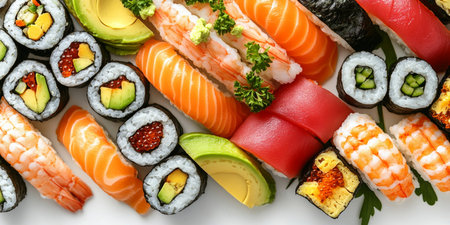 Vibrant Assorted Sushi Rolls Featuring Fresh Tuna, Salmon, and Creamy Avocado, Artfully Arrangedの素材