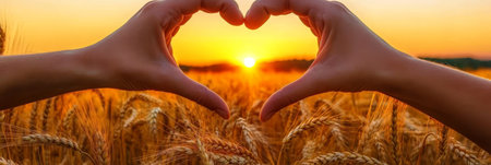 Creating a Heart with Hands in a Wheat Field at Sunset, Symbolizing Passion and Romance for Loversの素材