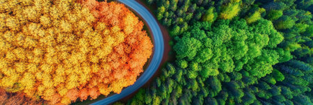 Breathtaking aerial view of vibrant autumn foliage alongside a winding road through a lush forest.の素材