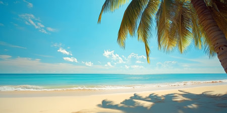 A Serene Tropical Beachscape Featuring Crystal Clear Waters, Soft White Sands, and Lush Palm Trees.の素材