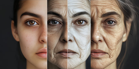 Transformation Through Time Four Faces Illustrating the Journey of Aging from Youth to Old Ageの素材