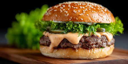Deliciously Crafted Gourmet Hamburger with Fresh Ingredients and a Perfectly Grilled Pattyの素材