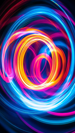 Dynamic Flow Luminous Light Painting of Colorful Swirling Streams in Vibrant Shades of Blue, Orangeの素材