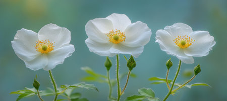 Beautiful Close-Up of Delicate White Wild Roses with Green Leaves Against a Soft Blue Backgroundの素材