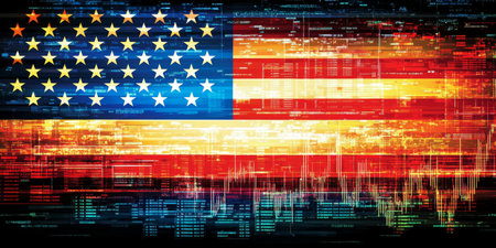 United States Flag Symbolizing Stock Market Fluctuations in the Digital Age with Abstract Elementsの素材