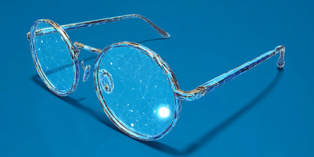 Polygonal Digital Glasses with Round Eye Design Symbolizing Clarity and Focus on Azure Backgroundの素材