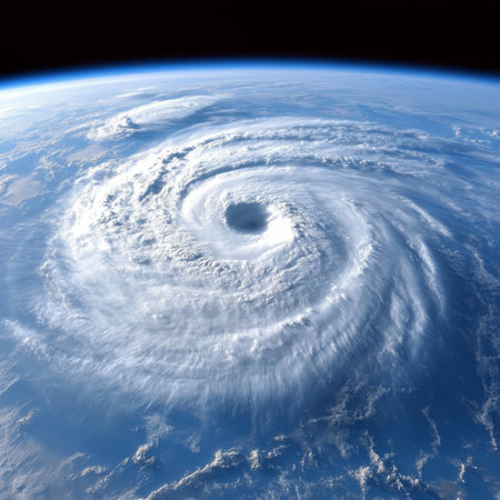 Stunning Aerial View of a Powerful Cyclone Forming Over the Ocean Captured from Space Technologyの素材