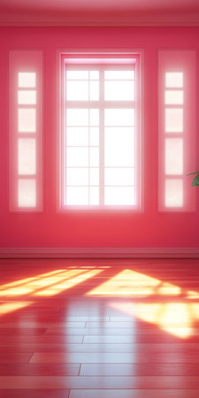 Bright and Airy Contemporary Room with Minimalist Design, Sunlight Streaming and Pink Accent Wallの素材