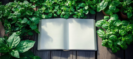 Rustic Open Book with Blank Pages Surrounded by Green Herb Plants in Outdoor Recipe Concept Styleの素材