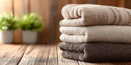 Freshly Folded Bath Towels on Wooden Table, Soft Textures for Home Decor and Indoor Relaxationの素材