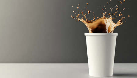 Aromatic Coffee Splash in Disposable Container, Brown Fluid Movement, Refreshing Breakfast Beverageの素材