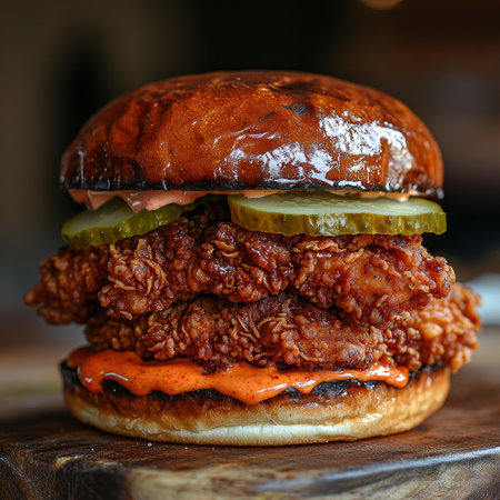 Crispy Fried Chicken Sandwich with Pickles and Tangy Sauce on a Toasted Gourmet Brioche Bunの素材