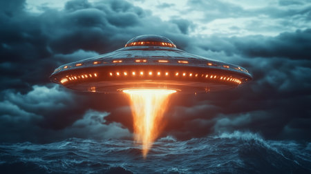 Unidentified Aerial Phenomena Over the Ocean, Mysterious Lights and Reflections in the Night Skyの素材