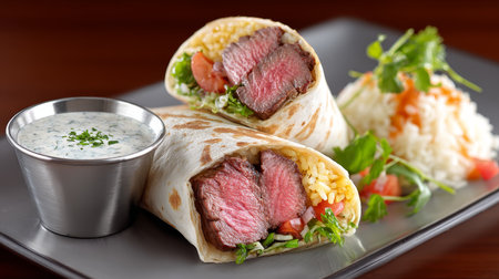 Sizzling Gourmet Steak Burrito with Creamy Sauce, Rice, and Colorful Vegetables on a Plateの素材