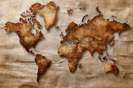 Vintage World Map Design Featuring Detailed Geographical Exploration on Aged Parchment Paperの素材
