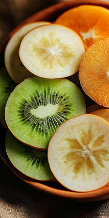 Vibrant and Invigorating Plate of Fresh Seasonal Fruit Slices for a Healthy Breakfast Delightの素材
