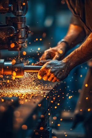 Precision Metalwork Operator Engaged in Meticulous Machining Under Bright Industrial Lightsの素材