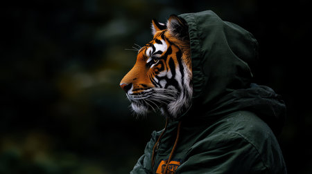 A captivating anthropomorphic tiger portrait in a dark green coat, highlighting artistic features.の素材