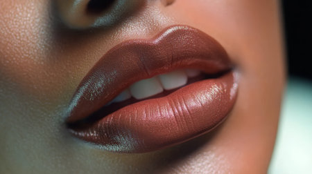 Glamorous Close Up of a Beautiful Black Woman s Lips Drenched in Luxurious Chocolate Kiss Shadesの素材