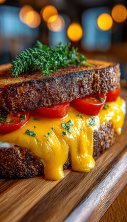 Artisan Grilled Cheese Sandwich with Oozing Cheddar and Fresh Tomatoes on Toasted Golden Breadの素材