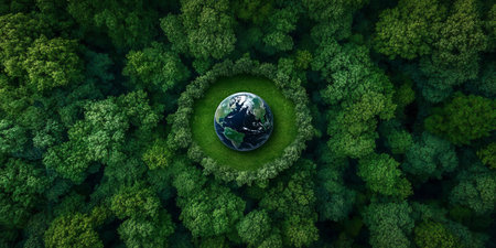 Lush Forest Abundance Encompassing the Earth Globe with Aerial Views of Verdant Greenery Ecosystemsの素材