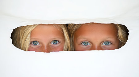 Playful Siblings Gazing Curiously Through a White Curtain, Capturing Innocent Joy and Connectionの素材