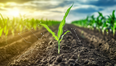 Innovative Farming Techniques Showcasing Vibrant Corn Sprouts in Lush Green Fields Under Blue Skyの素材