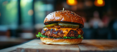 Gourmet Spicy Chicken Sandwich with Fried Chicken Breast, Pickles, and Melted Cheese on Bunの素材