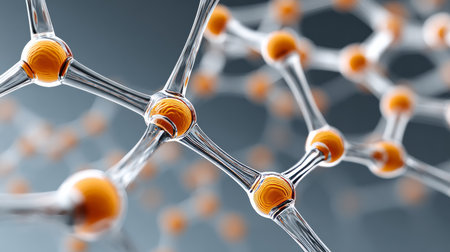 Visualizing Nanotechnology A Metallic Molecular Structure with Orange Spheres on a Soft Surfaceの素材