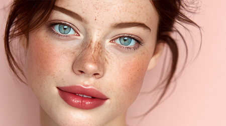 Close-up of a Beautiful Young Woman with Freckles Showcasing Pure Natural Beauty and Calmnessの素材