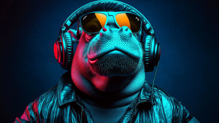 Stylish Urban Hippo with Headphones and Shades, Jamming to DJ Beats in a Funky City Vibe Atmosphereの素材