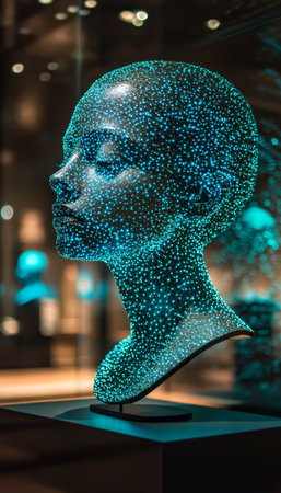 Digital Network Statue in the Form of a Woman s Head Representing Modern Technology and Innovationの素材