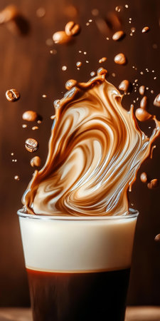 Vibrant Coffee Art Splash in Mug, Capturing Delicious Latte Layers with Textures and Bokeh Effectsの素材