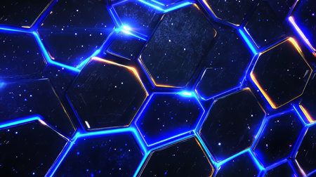 Futuristic Abstract Network with Hexagonal Structure and Blue Neon Lights in 3D Design Renderingの素材