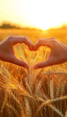 Heartfelt Connection Affectionate Hand Gesture Embracing Sunlit Field of Wheat During Golden Hourの素材