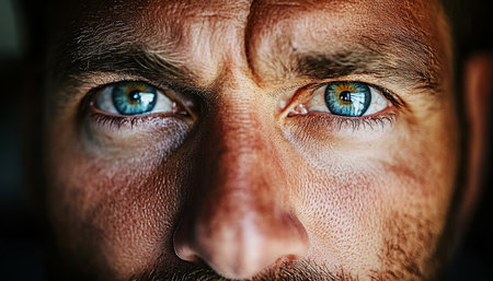 Close Up of a Man with Striking Blue Eyes Capturing Deep Introspection and Raw Emotion in Portraitの素材