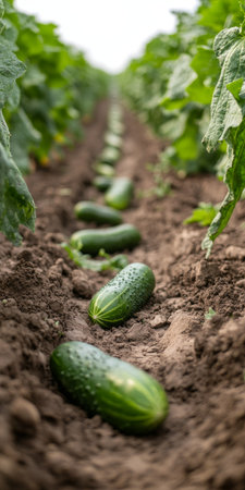 Lush garden scene featuring fresh cucumbers nestled in vibrant green foliage and rich soil bed.の素材