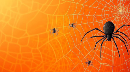 Spooky Halloween Night Background Minimalist Black Spiders and Webs on Vibrant Orange Gradientの素材