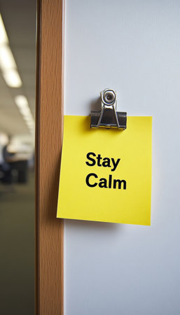 A Calming Reminder on a Yellow Sticky Note to Take It Easy in a Busy Work Environment Sceneの素材